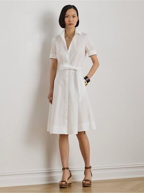 Ralph Lauren Black Label NWOT White Cotton Blend Belted Shirtdress Sz 12